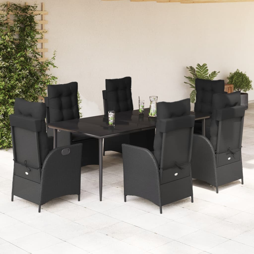 7-tlg. Garten-Essgruppe mit Kissen Schwarz Poly Rattan